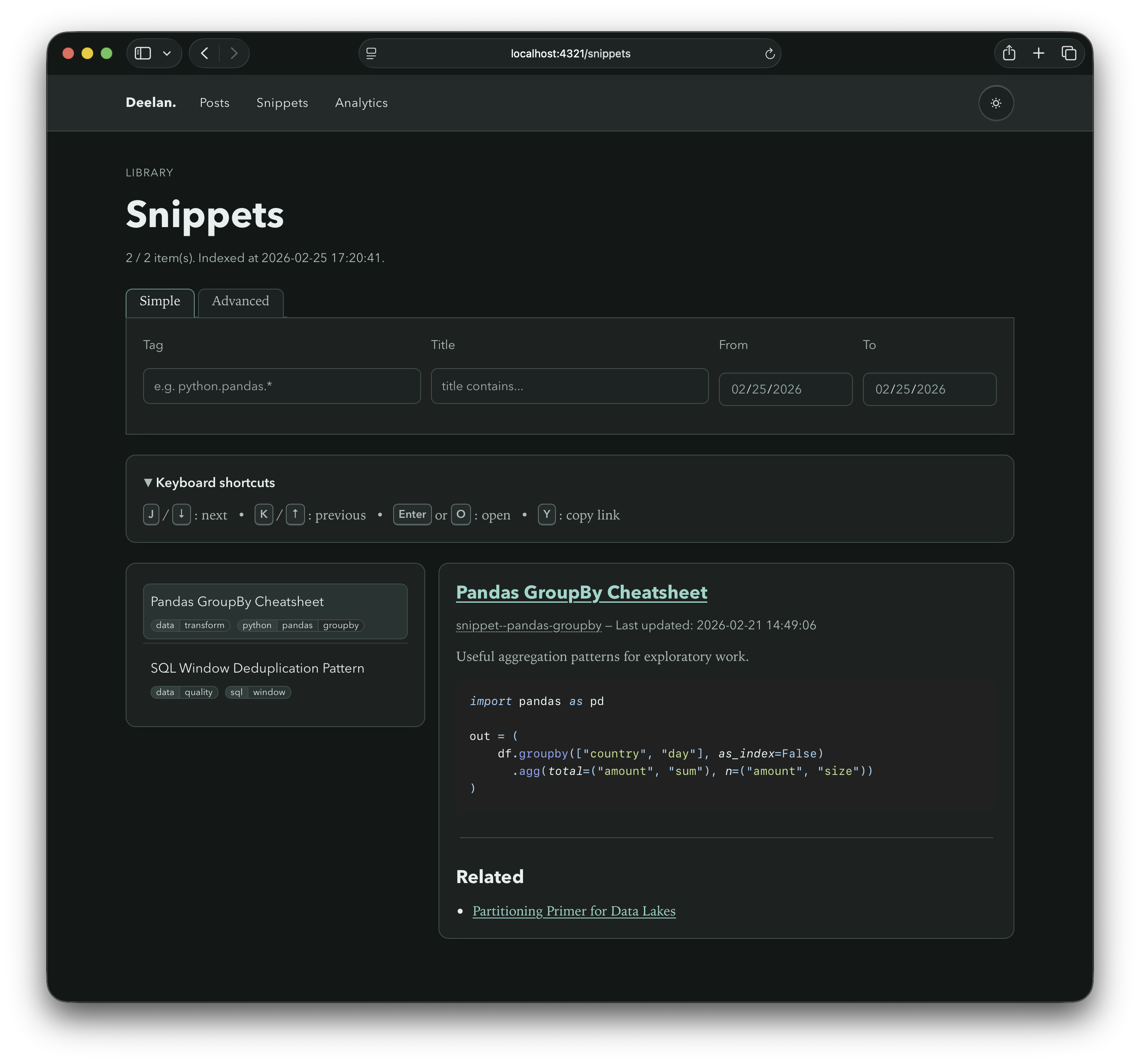 Snippets explorer